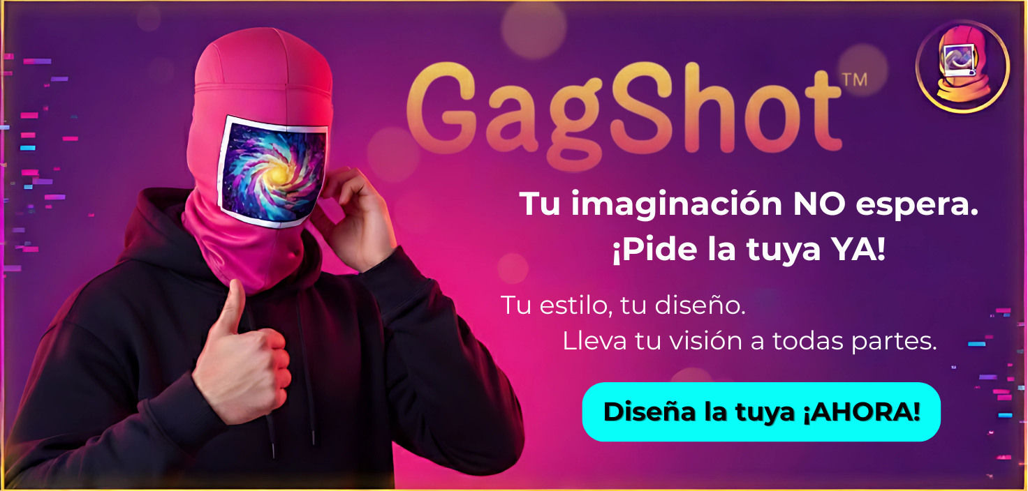 Banner promocional de GagShot mostrando a un modelo con una máscara personalizada rosa y el texto 'Tu imaginación no espera, ¡Pide la tuya ya!'.